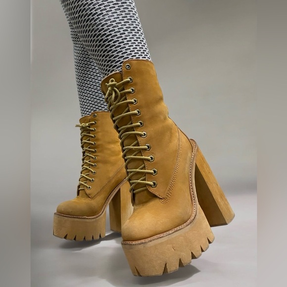 Jeffrey Campbell Shoes - Jeffrey Campbell Tan In Charge Nubuck Leather Shearling Wood Platform Boots